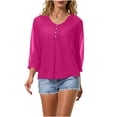 thumbnail image 3 of BRGZLK Women's 3/4 Sleeve Solid Color Summer Gauzy Tops Trendy Button Decoration Henley Shirts Classy Cruise Going Out Outfits, 3 of 6