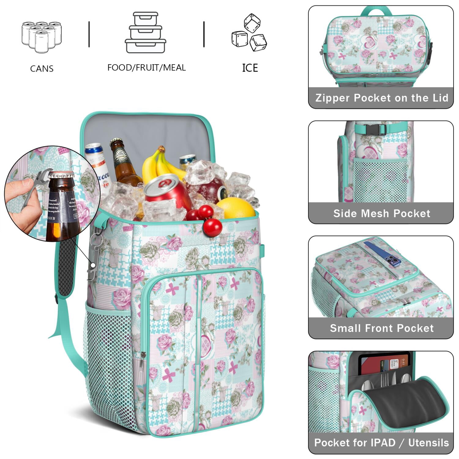 Travel Cooler Bag - Pioneer Flower Floral Print Pattern Camping Beer Cooler Backpack with Bottle Opener- Waterproof Insulated Picnic Backpacks - Cooler Bag for Beach