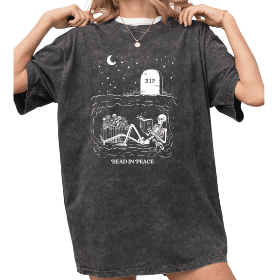 Women's Vintage "Read In Peace" Skeleton Graphic Comfortable Washed T Shirt Book Lover Black S-2XL Plus Size