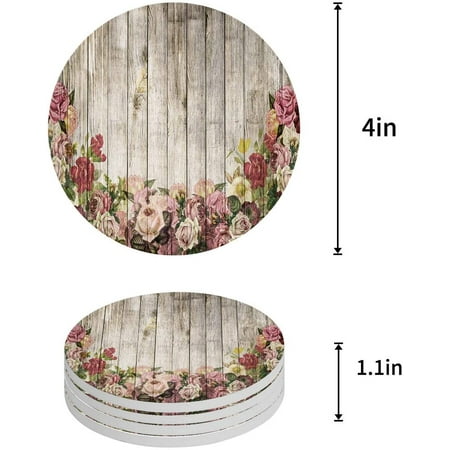 

KXMDXA Flower Plant on Vintage Wooden Plank Set of 8 Round Coaster for Drinks Absorbent Ceramic Stone Coasters Cup Mat with Cork Base for Home Kitchen Room Coffee Table Bar Decor
