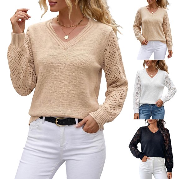 FRSASU Women's Cropped Sweaters V-Neck Long Sleeve Lightweight Soft Crochet Casual Pullover Knit Sweater Tops White