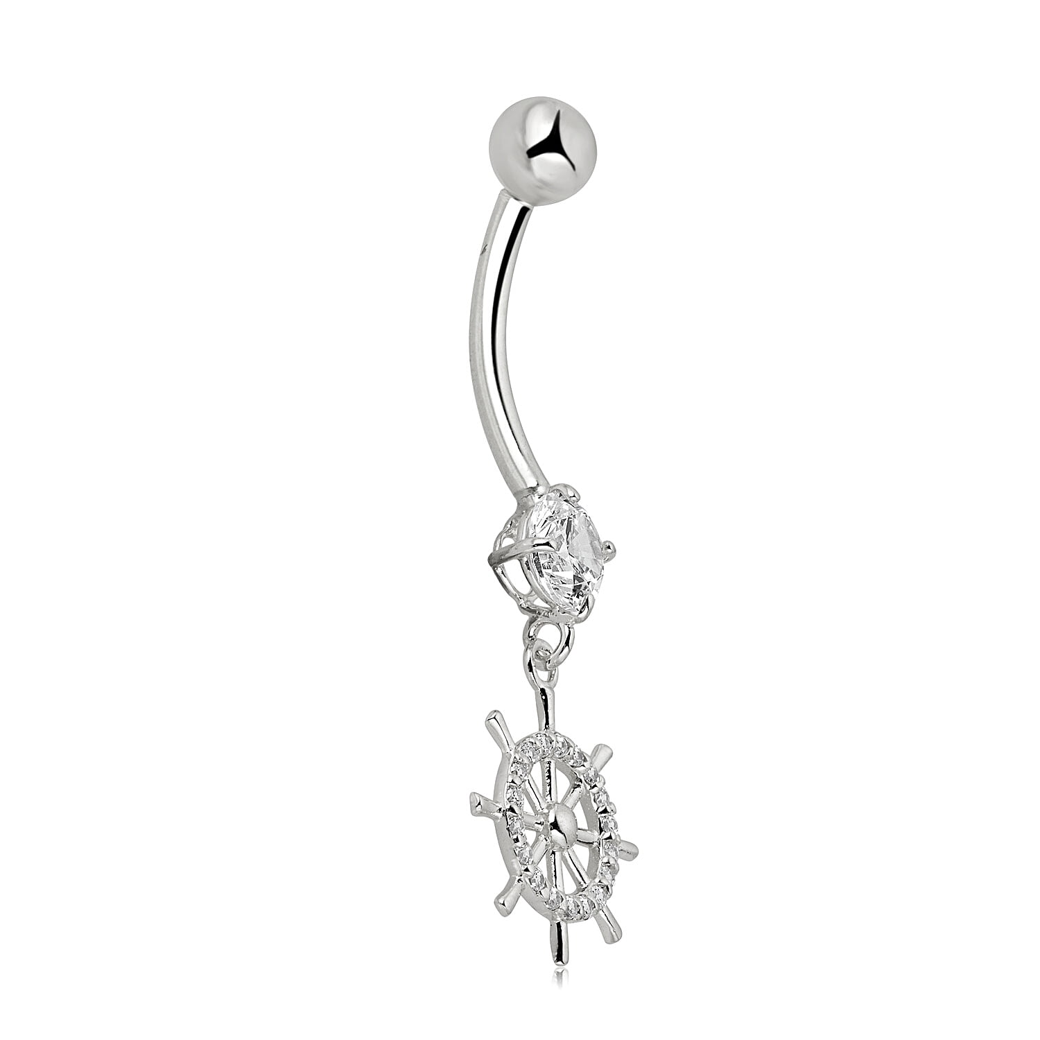 AVORA 10K White Gold Simulated Diamond CZ Nautical Ship Wheel Dangling Belly Button Ring Body Jewelry (14 Gauge)
