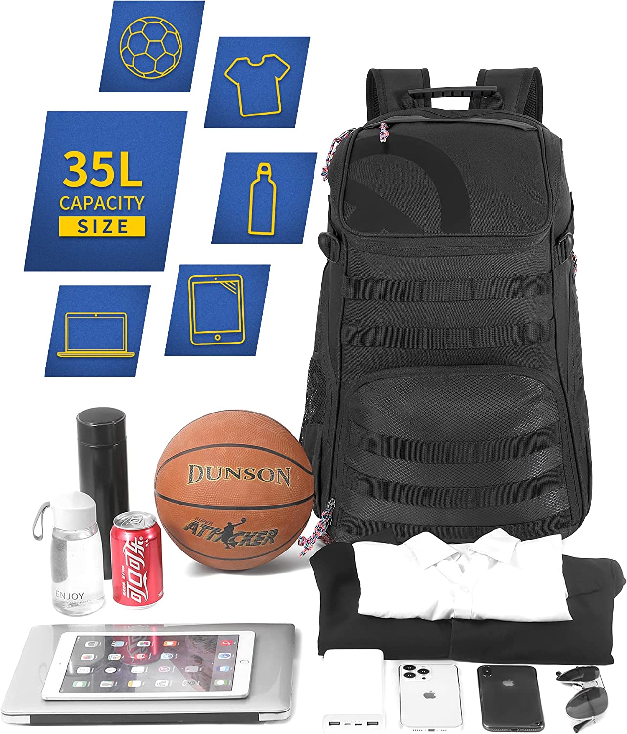 TRAILKICKER Large Basketball Backpack Bag with Ball Compartment and Shoe Pocket Outdoor Sports Equipment Bag Black Tk