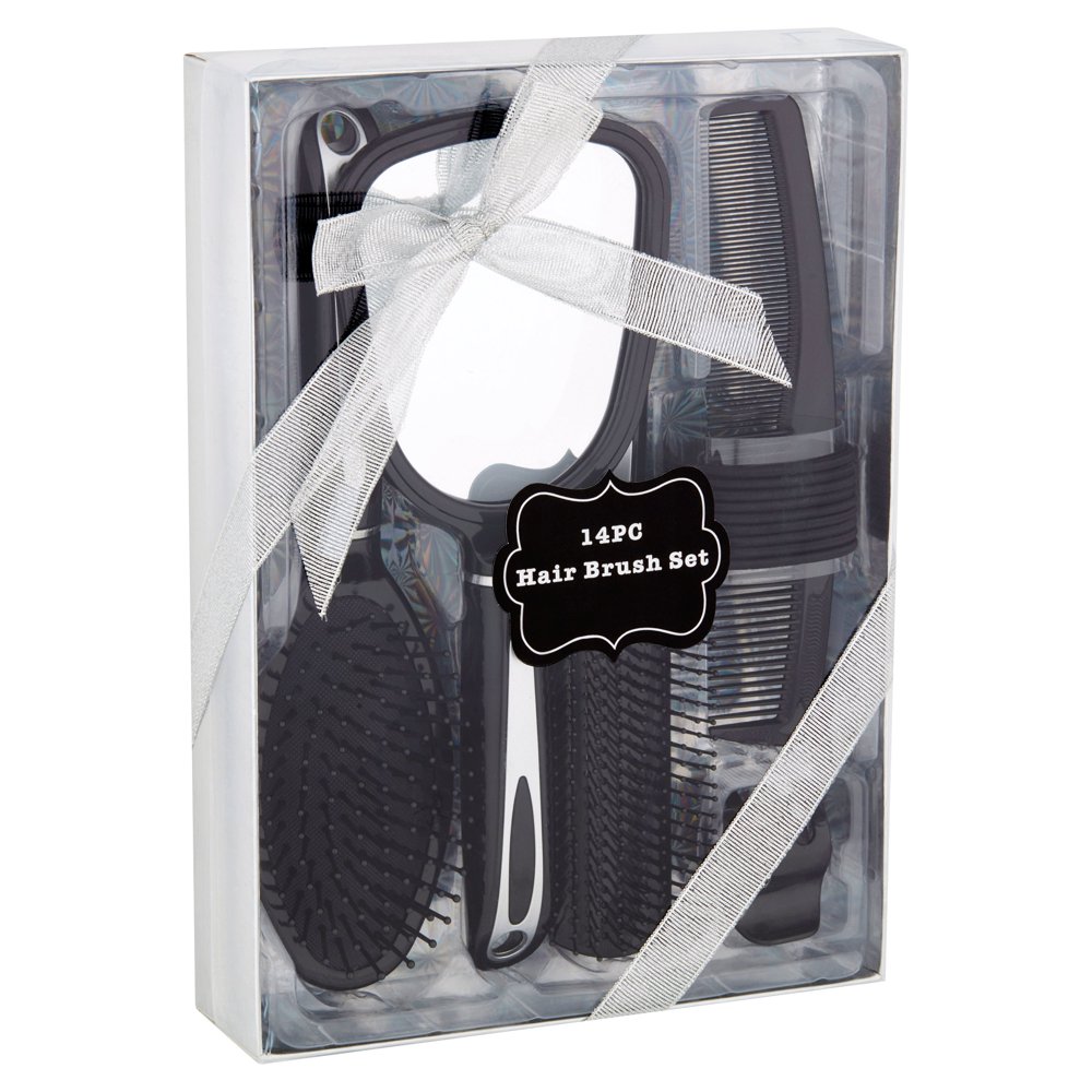 Hair Brush, Comb, Mirror and Hair Accessories Gift Set, Black, 14 pcs