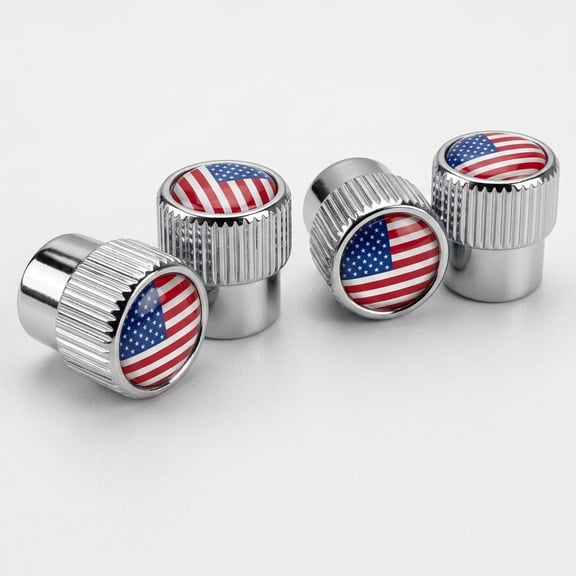American Flag Tire Valve Stem Caps, 4-Pack Silver USA Flag Air Valve Covers for Cars, Trucks, SUVs and Motorcycles
