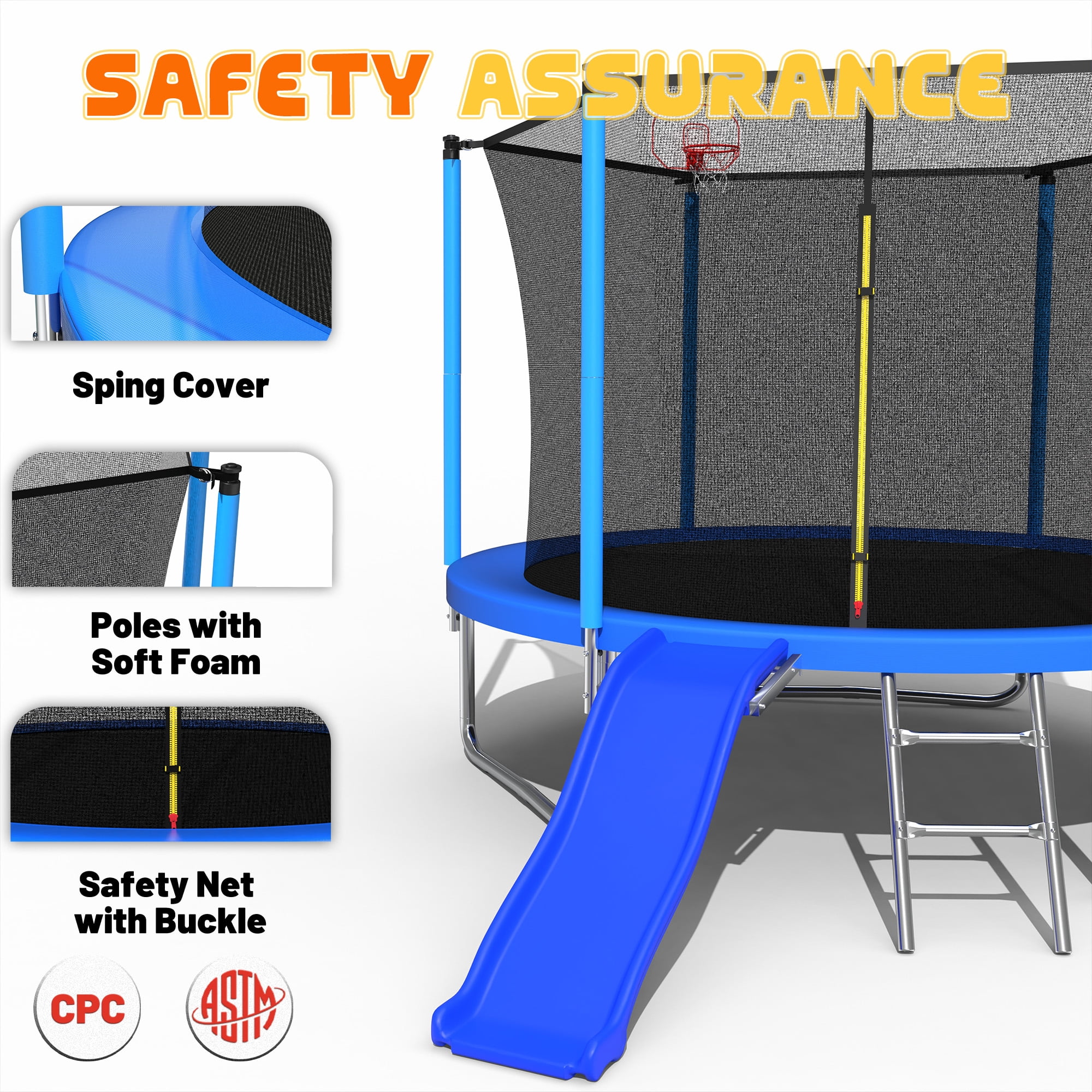 Mersco 10FT Heavy Duty Trampoline with Enclosure Net , Slide , Swing Set Outdoor Big Trampoline for Backyard,Kids Trampoline with Basketball Hoop,Birthday and Holiday Gifts for Kids,Blue