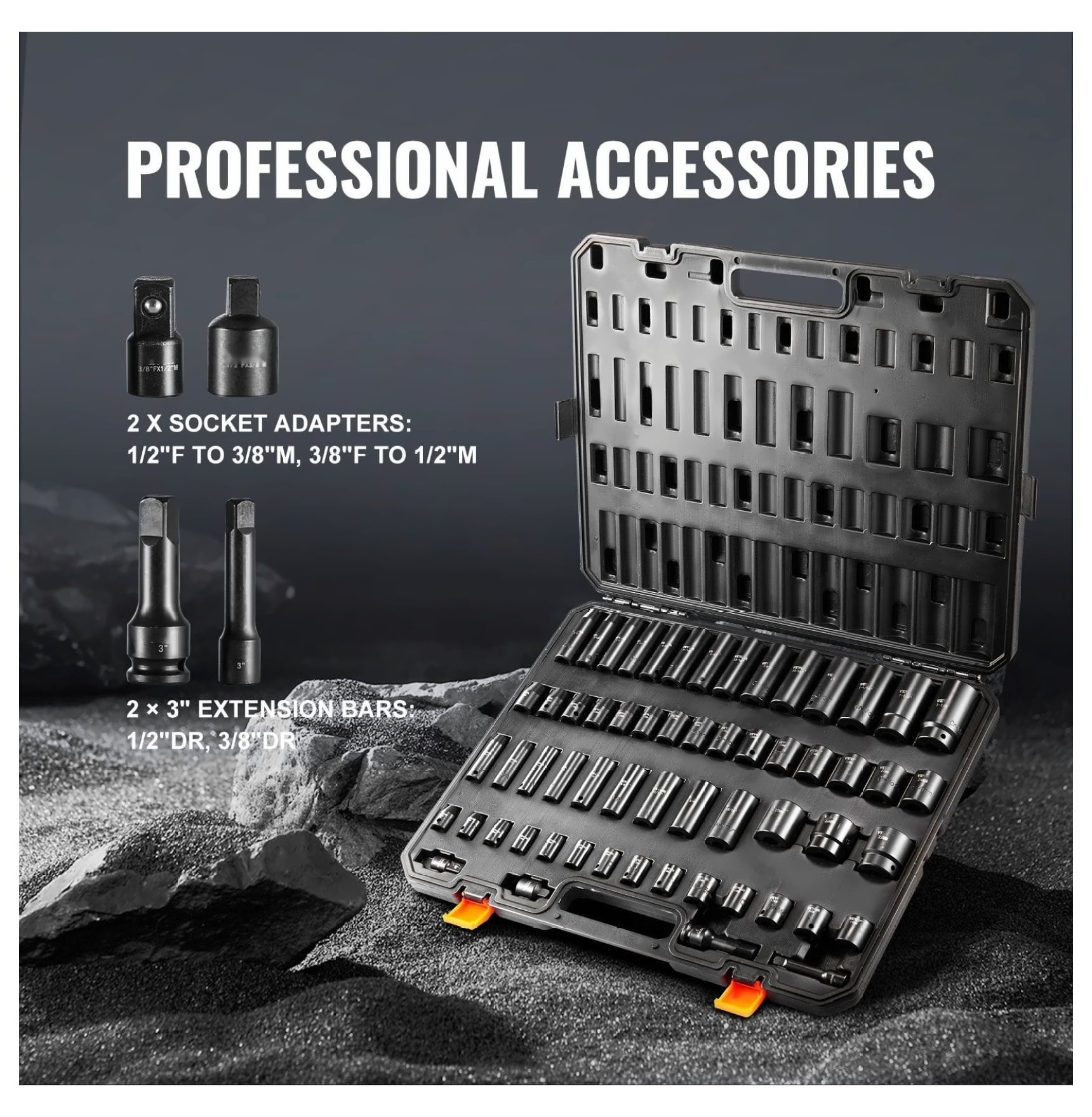 Impact Socket Set 59pcs 3/8" & 1/2" Drive, 6-Point Bit Ratchet Tool Kit - Automotive Repair, Mechanic, Industrial - Cr-Mo Steel