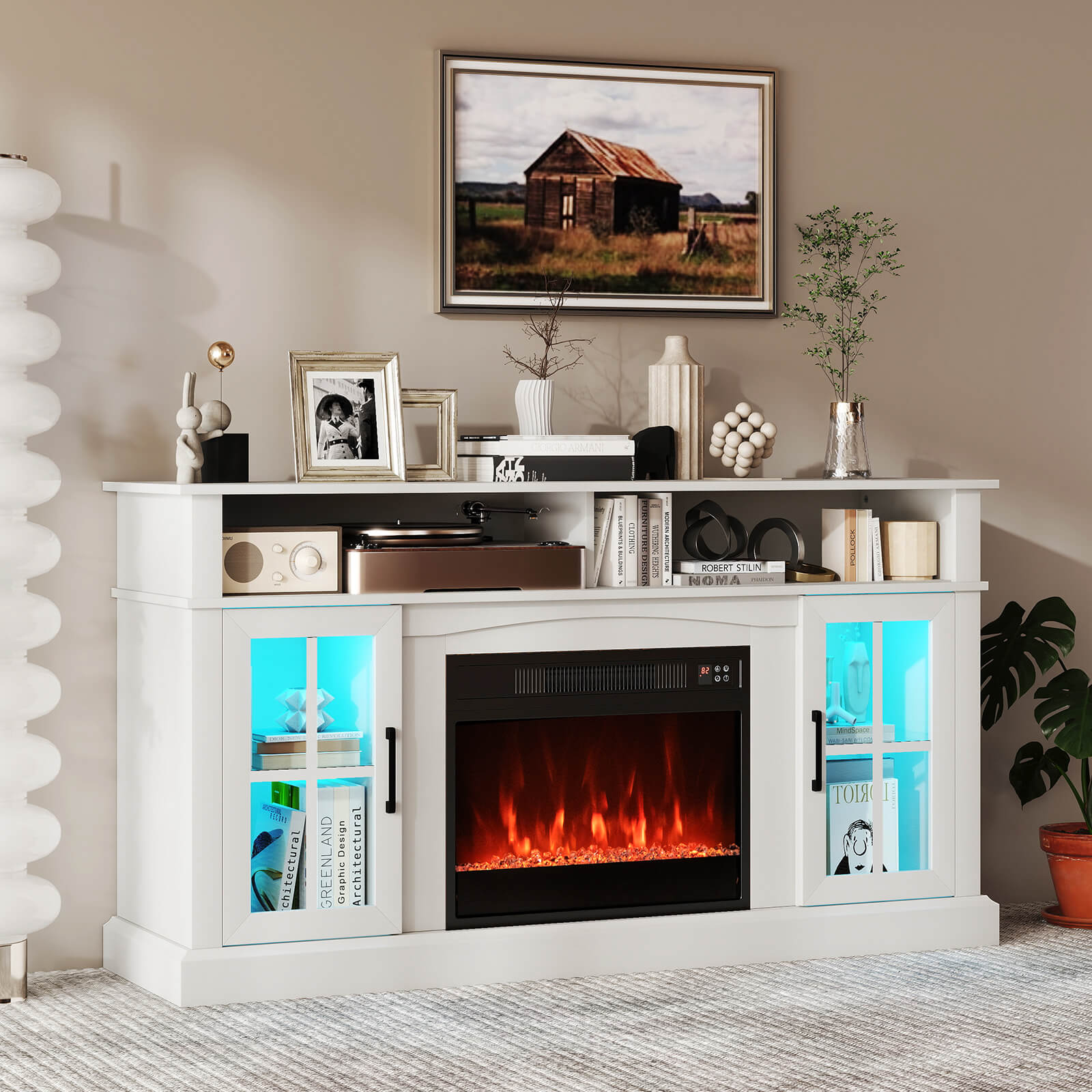 Costway 58" Fireplace TV Stand with LED Lights Entertainment Center for 65 Inch TV White