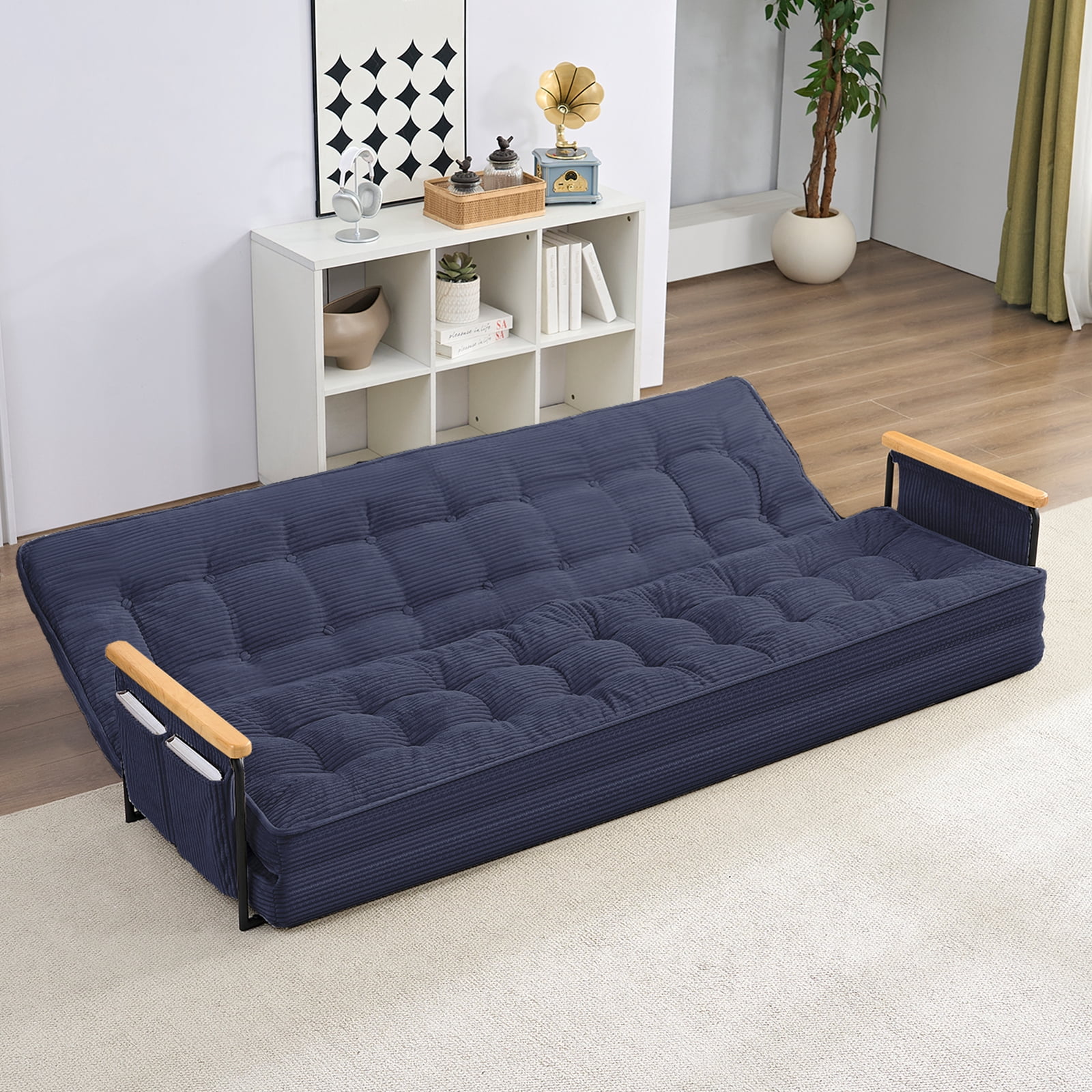 BALUS Futon Sofa Bed, 4-in-1 Corduroy Floor Couch Bed with Folding Mattress, Convertible Sleeper Sofa for Living Room, Blue
