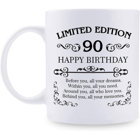 90th Birthday Gifts for Women Men – 11 oz Coffee Mug – 90 Year Old Present Ideas for Mom Dad Wife Husband Son Daughter Friend Colleague Coworker (90th Birthday Gift)