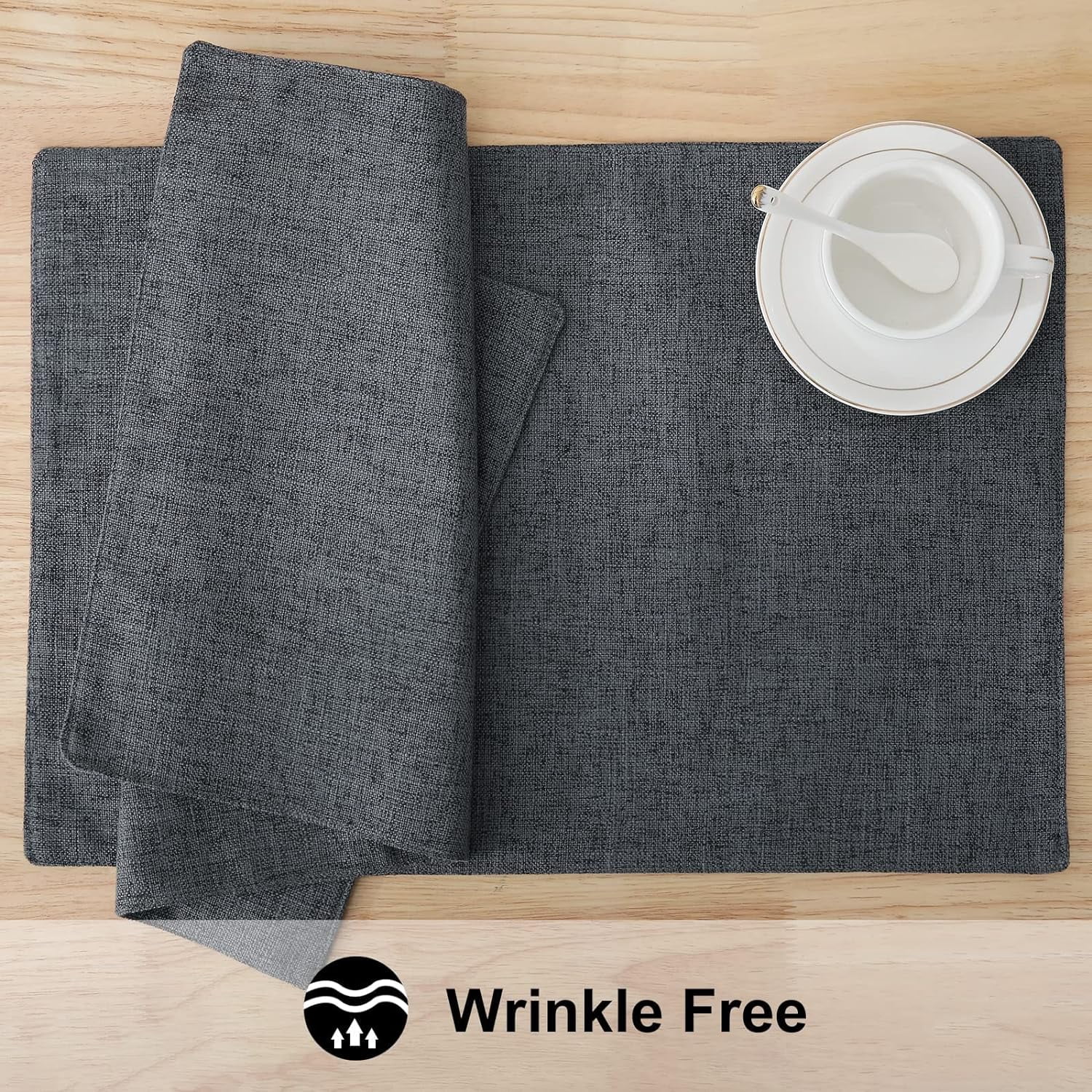 Charcoal Cotton Linen Blend Placemats for Dining Table Set of 4 Washable Farmhouse Kitchen Mats for Indoors & Outdoors, Easy to Clean, 13 x 19 Inch