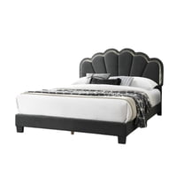 Geny Queen Size Bed, Charcoal Gray Wool Upholstery and LED, Glam Arch