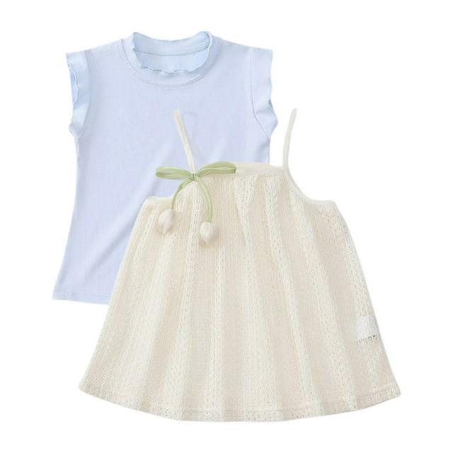 Sleeveless Lace Tank Top and Skirt Set for Girls, Round Neck Design, Soft Breathable Fabric, Blue Color, 3-8 Years, Formal Occasion Wear