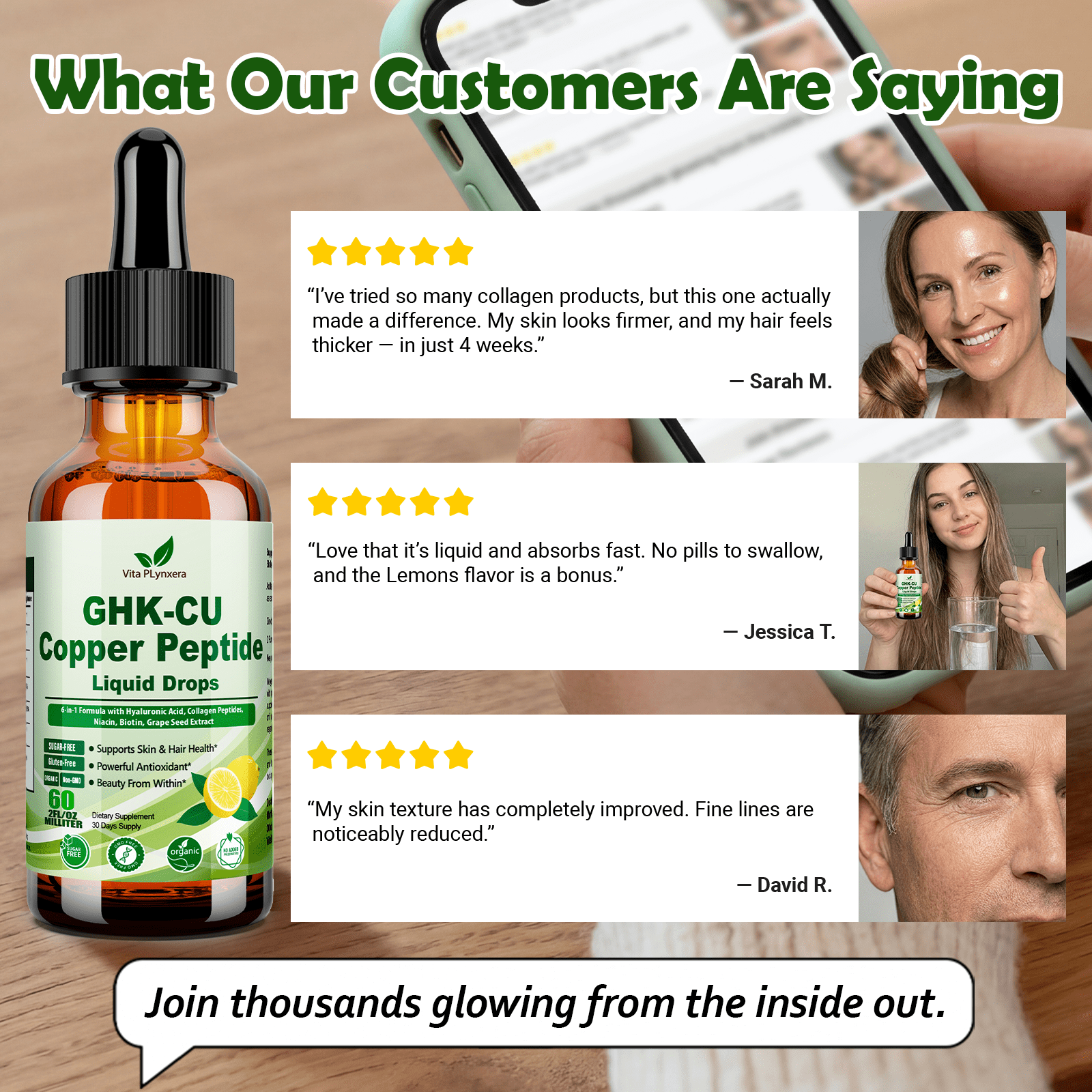VitaPLynxera Copper Peptide Liquid Drops, 6-in-1 Skin & Hair Supplement with Marine Collagen, Hyaluronic Acid, Biotin - Anti-Aging & Wrinkle Support (30-Day Supply)