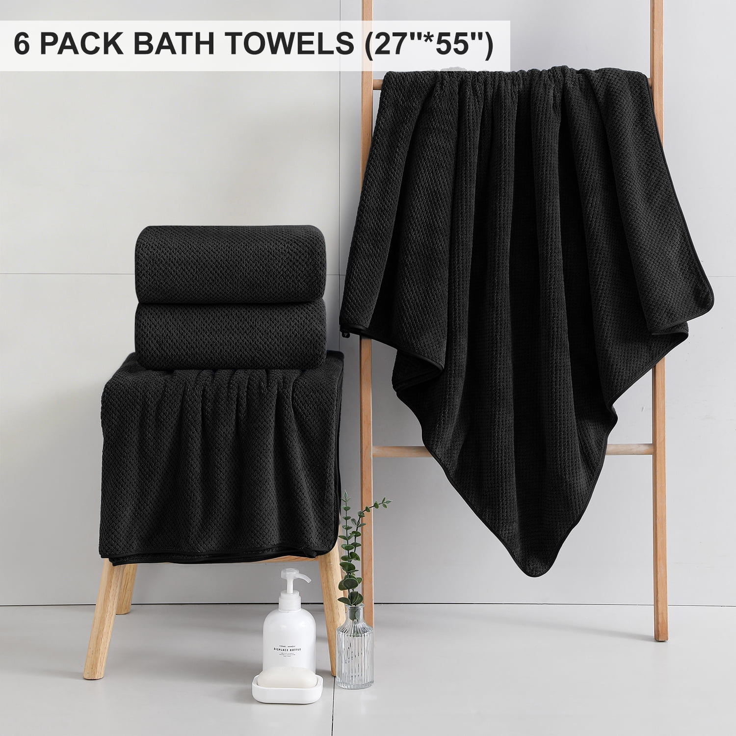 Kebury 6 Pack Bath Towels Set, 27"x55" Bath Sheets Towels Set For Adults, Mid-size Bathroom Towel Ultra Soft Microfiber Quick Dry Highly Absorbent Shower Towel Spa Hotel Use (Black)
