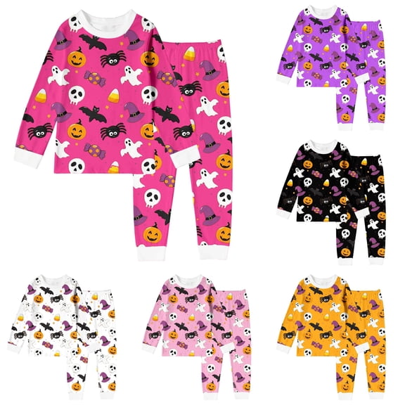 Weebloom Halloween Kids Girls Winter Pajamas Cute Pumpkin Bat Boys Pajama Set Long Sleeve Sleepwear Nightwear Pjs Loungewear Pink 7Y