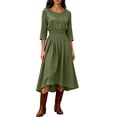 thumbnail image 5 of Bxsruta Womens Casual Midi Dress 3/4 Sleeve Pleated Flowy Dresses for Women Crew Neck Smocked Waist A-Line Swing Dress, 5 of 6