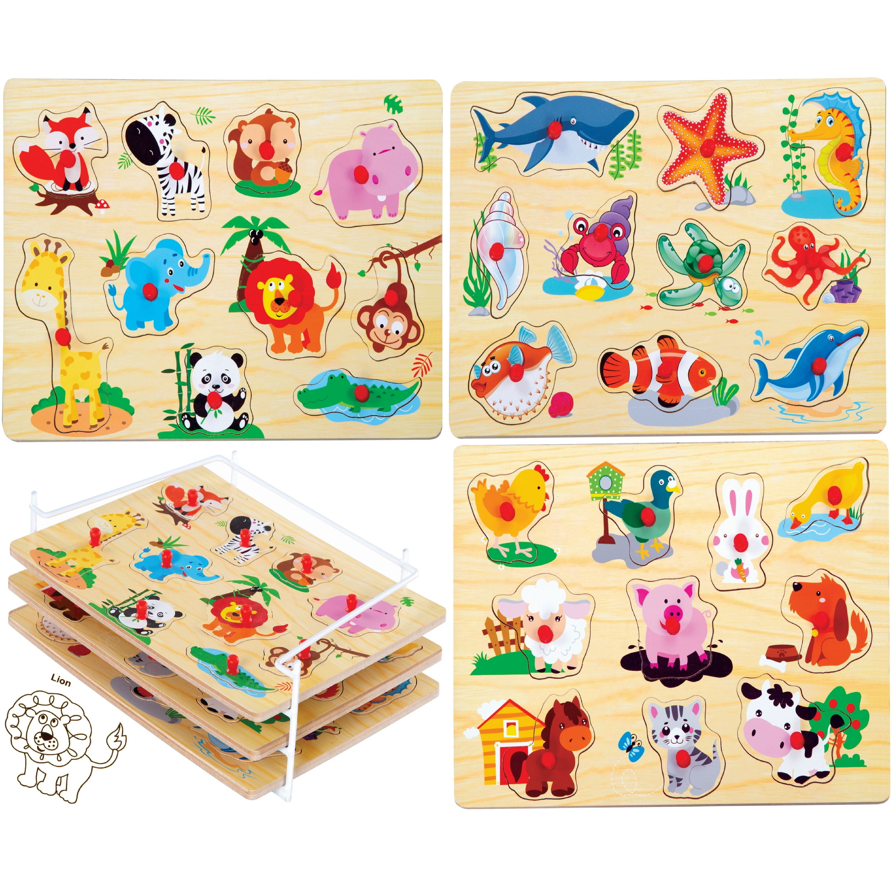 Bundaloo 3 Piece Puzzle Set with Wire Rack - Wooden Animal Puzzles for