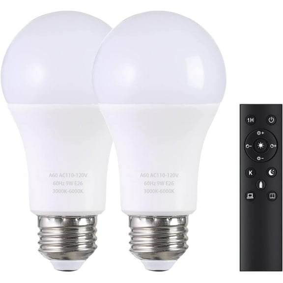 LED Bulbs with Remote Control A19 , Stepless Dimmable 3000K-6000K 800LM 9W (60W Equivalent) 25000  Hours Lifespan, Light Bulb for Floor Lamp Home Decor 2Bulb & 1Remote