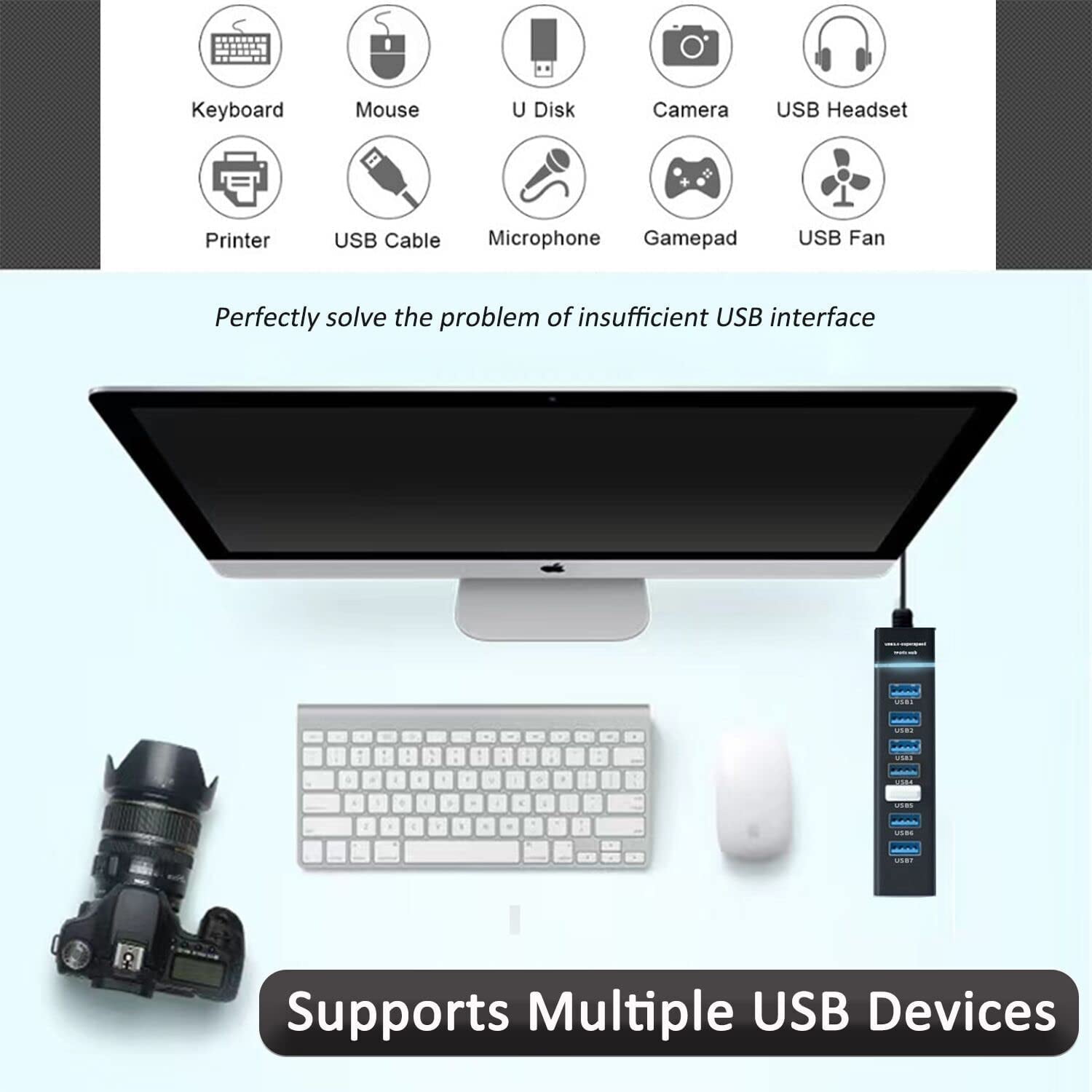 LITZEE Hub USB 3.0, 7-Port Hub USB Chargeur Multiprise USB Avec Interrupteurs Individuels, Adapteur Inclus, Compatible Avec Windows 98SE/ME/2000/XP Win/7/8/10 Linux2.4X MacOS10.0