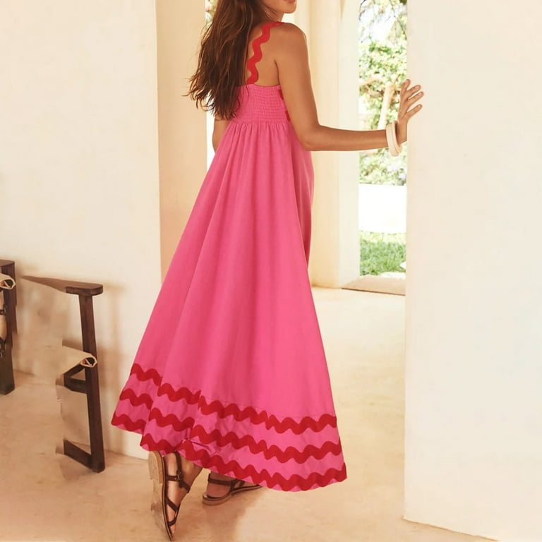 Honeeladyy Womens Summer Sleeveless Maxi Dresses Adjustable Strap Zipper Beach Vacation Flowy Long Dress Hot Pink XL, Women's, Size: 10(XL)