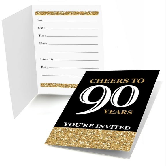 Adult 90th Birthday - Gold - Fill In Birthday Party Invitations (8 count)