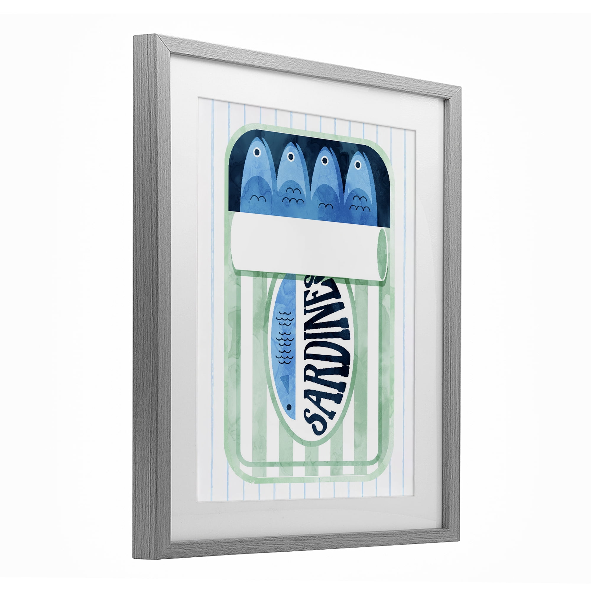 Seafoam Sardine Tin over Stripes Gray Framed Print Under Glass, design by Daphne Polselli
