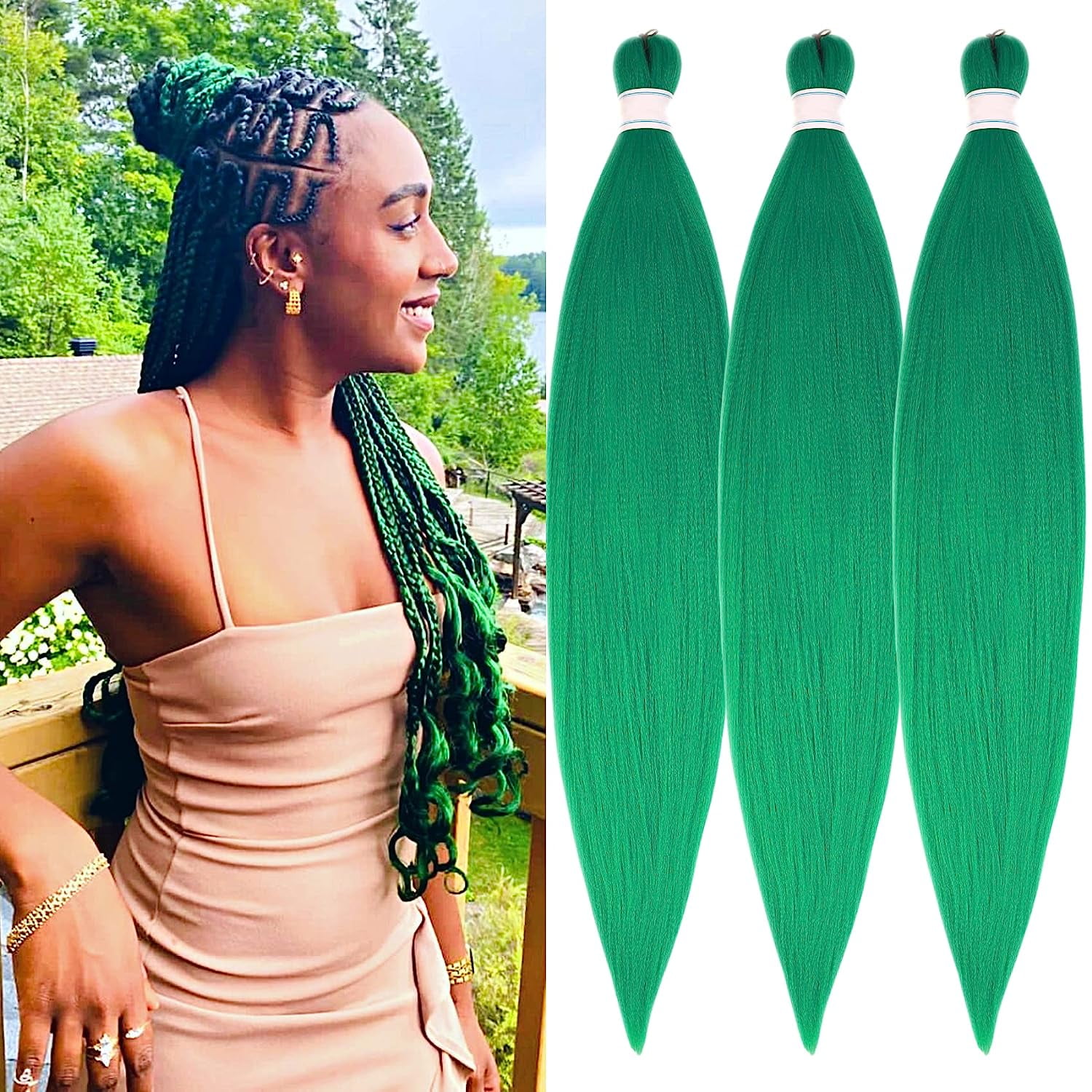 Green Braiding Hair Pre stretched Box Braids Kanekalon Braiding Hair