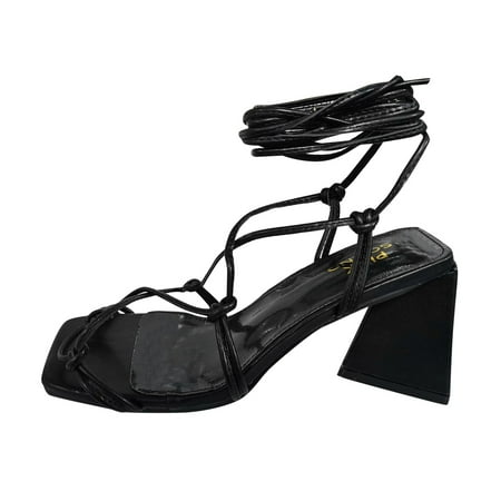 

Follure Girl women s casual shoes Fashion Womens Breathable Lace Up Shoes Chunky Heels Casual Sandals Black 39