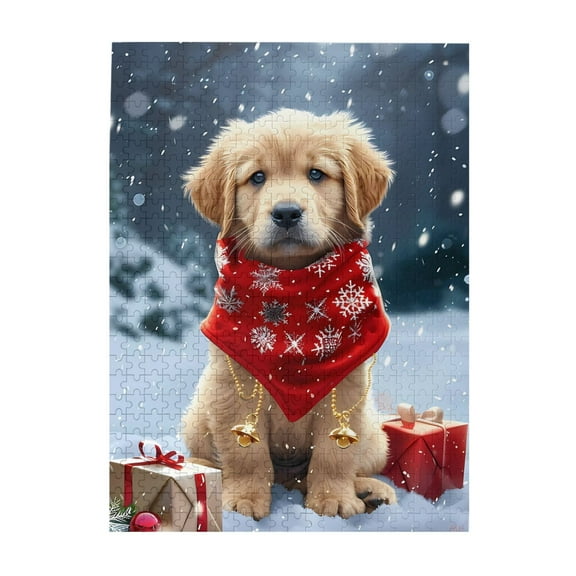 500-Piece Wooden Jigsaw Puzzle for Adults - Christmas Puppy Snowflakes Gift , Interlocking Pieces with Guide Letters, Holiday Gift & Home Decor