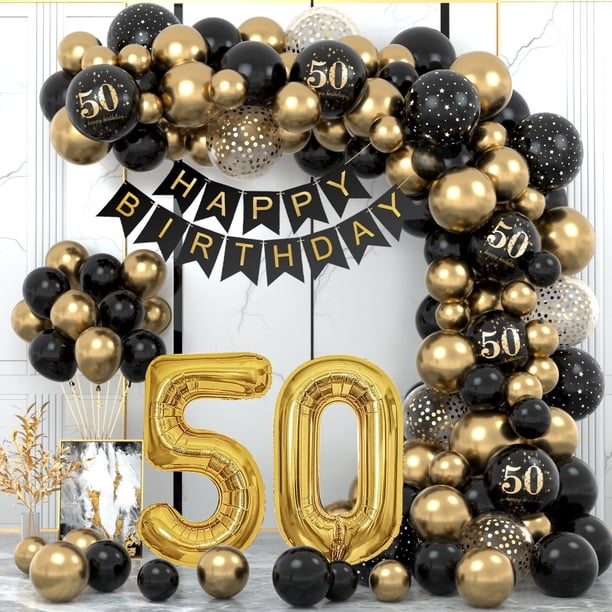 Diseño de escena de cumpleaños de estudiante con globo de oro negro de 16 años, globo de cumpleaños, cadena de globos de metal para fiesta