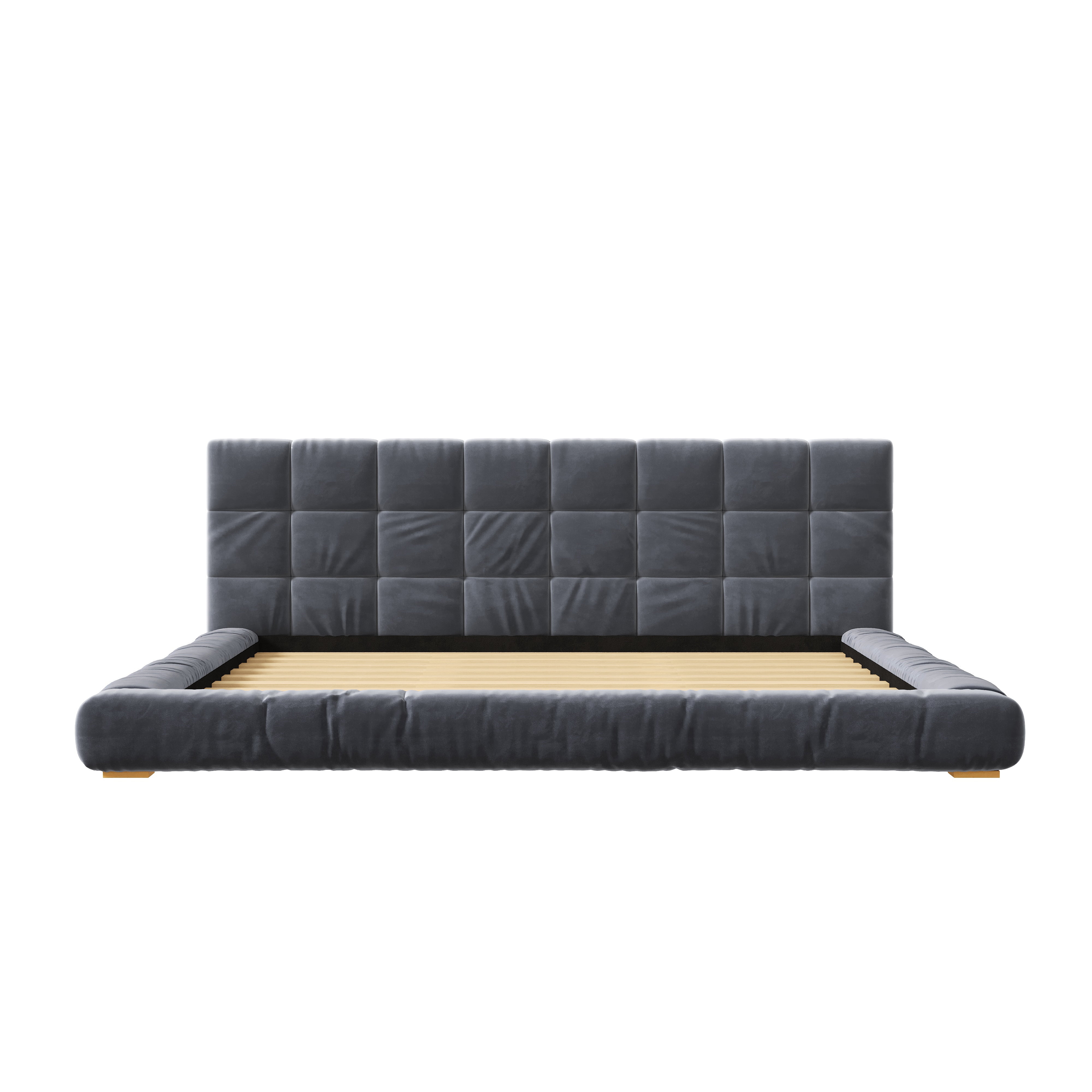 Euroco Velvet Upholstery King Size Platform Bed with Channel Tufted Headboard, Gray