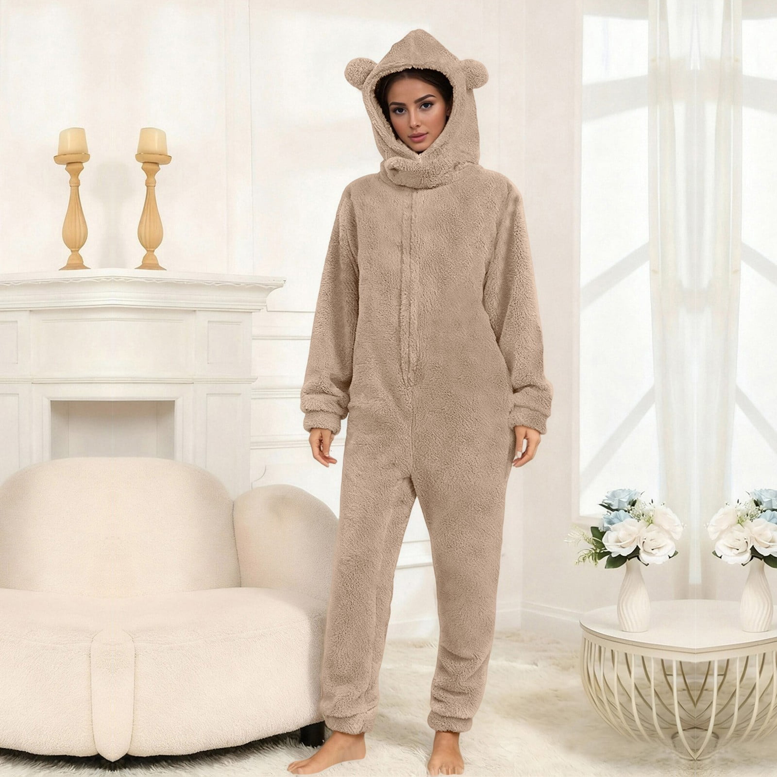 Cadancy Adult Onesies Pajamas for Women Zip Up Long Sleeve Loose Fleece Jumpsuit Cute Bear Hooded Fuzzy Sherpa Winter Warm Rompers with Pockets