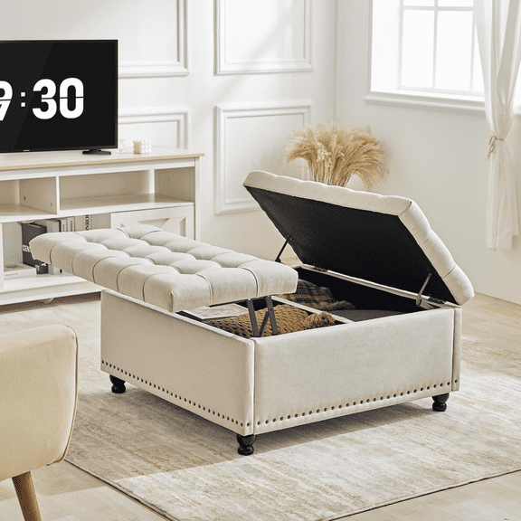 35 Inch Large Square Storage Ottoman, Storage Ottoman Coffee Table with Lift Top Linen Ottomans Bench Square Footrest Oversized Upholstered Coffee Table for Living Room Bedroom (Beige)