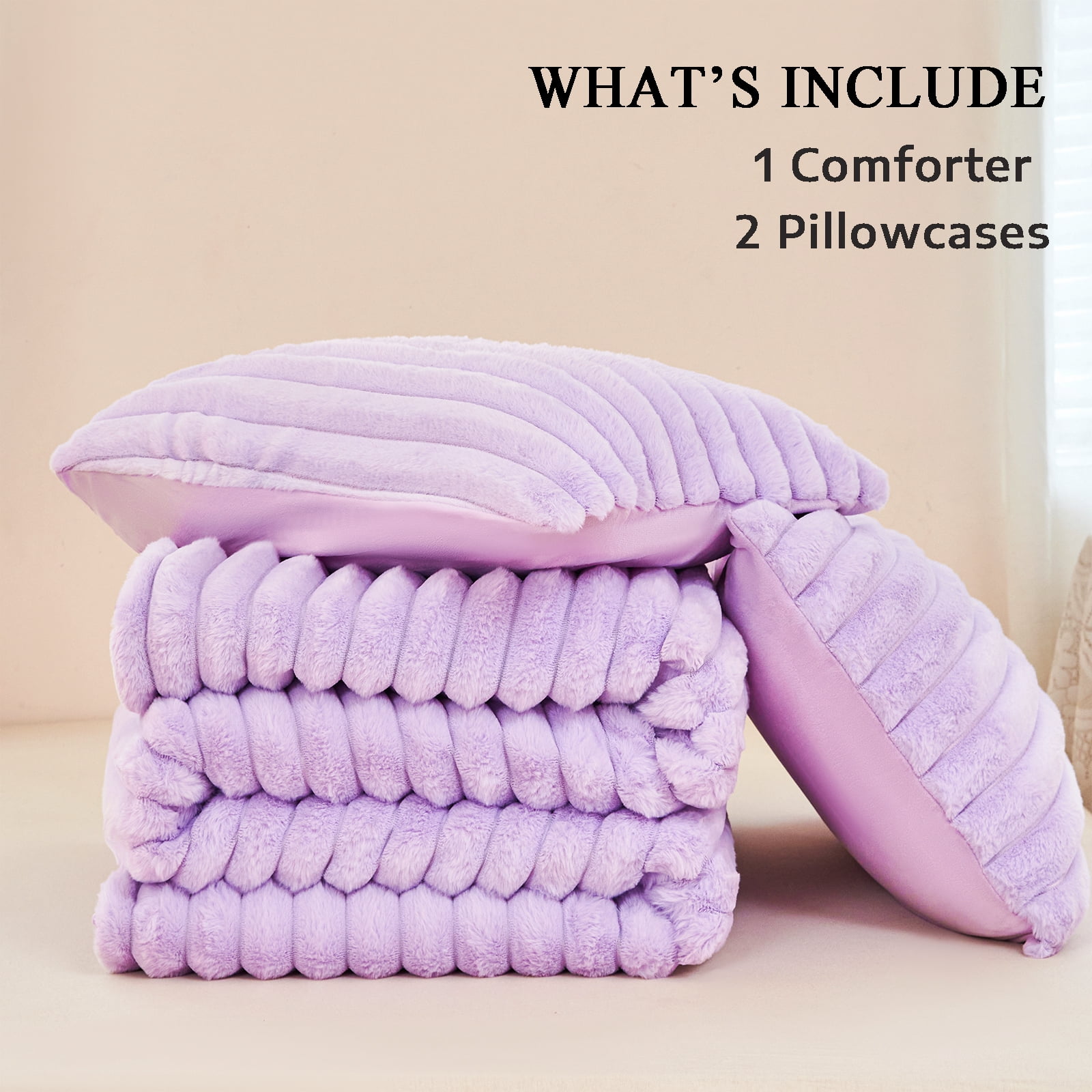 ZRNBAST Fleece Twin Comforter Set, Light Purple Super Soft Furry Plush Bedding, Luxury Fluffy Fuzzy Heavy Bed Set for Winter with 2 Pillowcases(Light Purple,Twin)