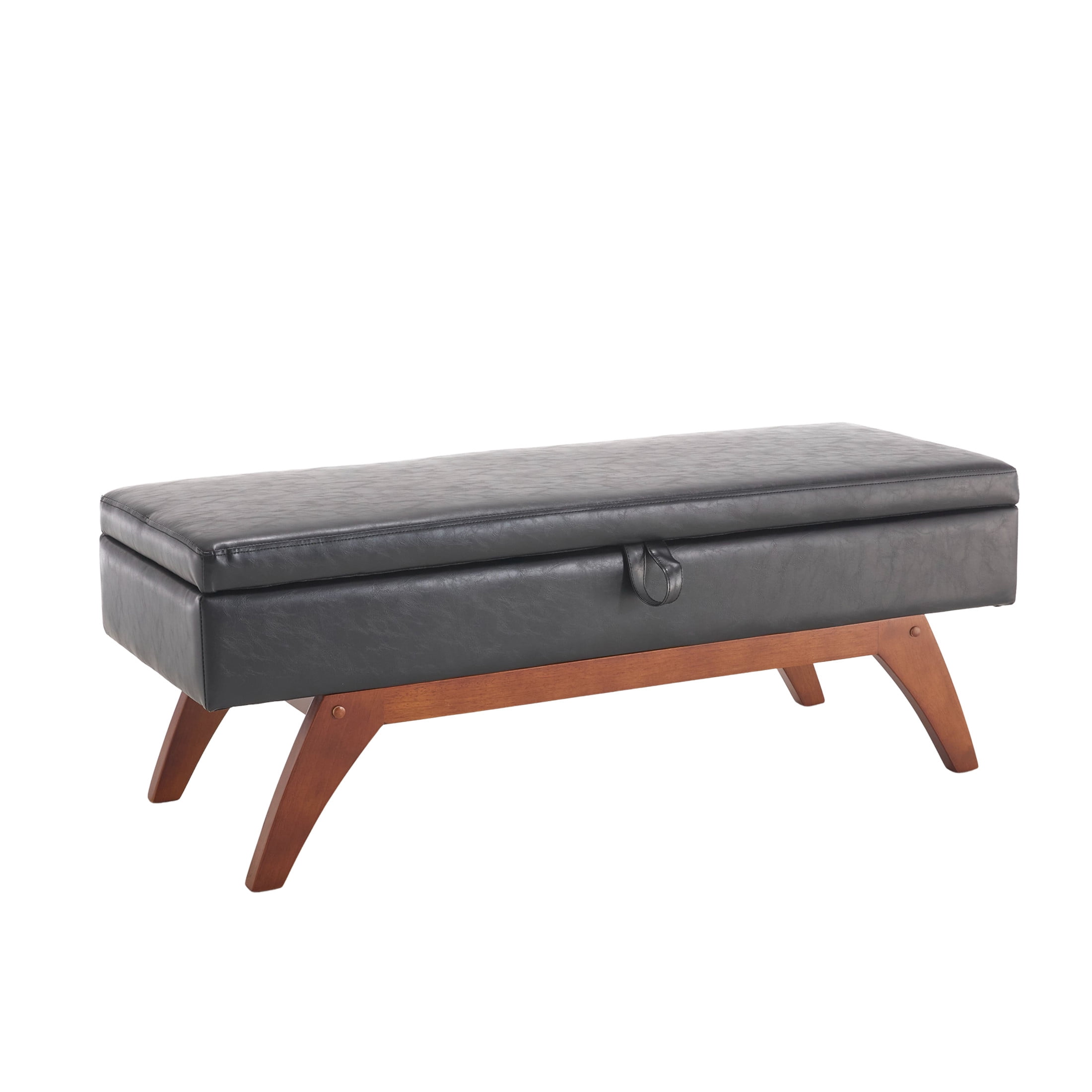 Noble House Madeleine Classic PU Upholstered Bed End Stool, Modern Solid Wood Legs and Hidden Storage, Black