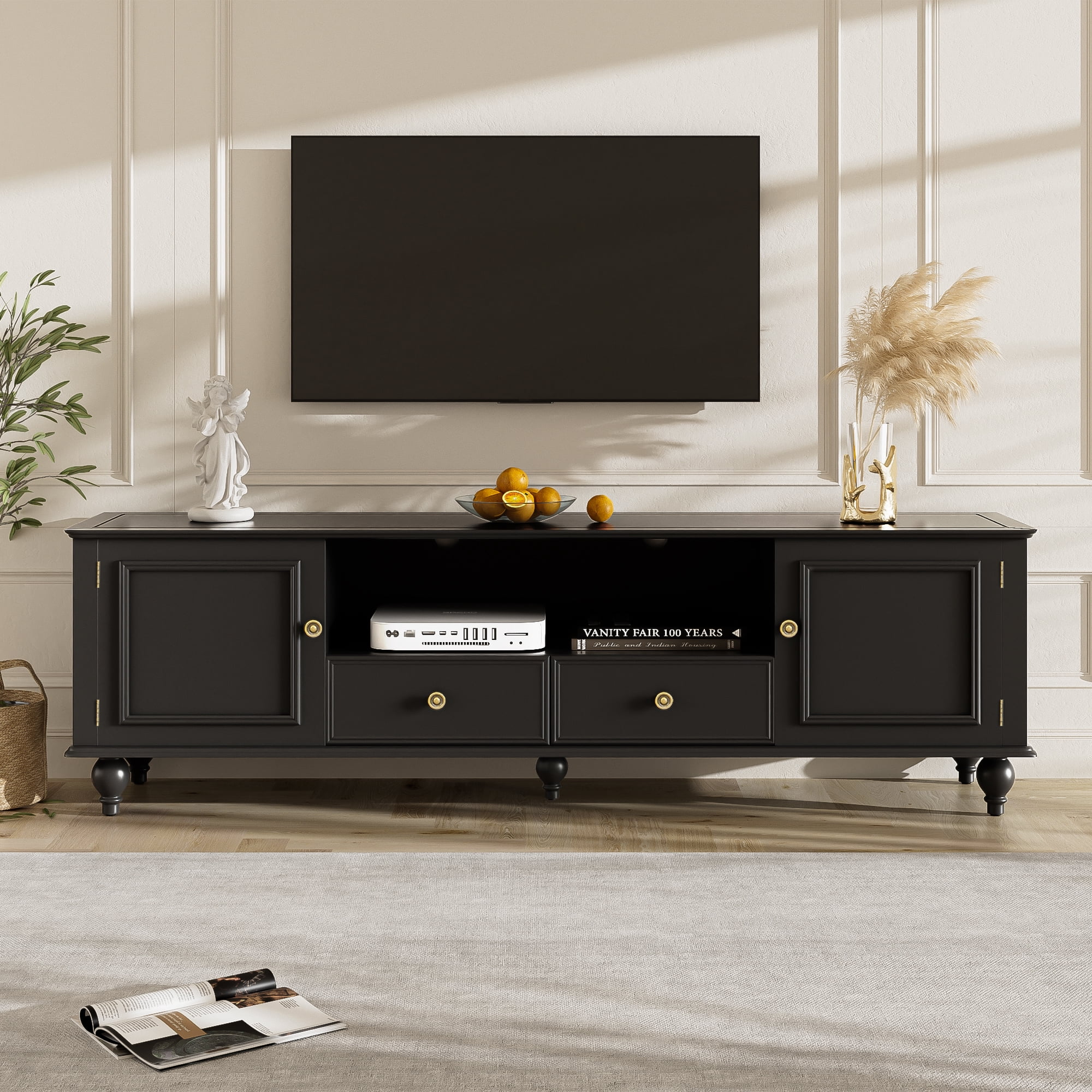 Euroco Modern Minimalist TV Stand with 2 Cabinets, 2 Drawers, and Open Shelf, Media Console with Anti-Tip Kit, for TVs up to 65"