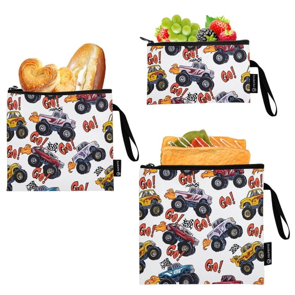 Ryvnso 3 Pack Reusable Snack Bags Sandwich Storage Pouches Washable Lunch Bag Monster Trucks