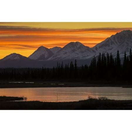 Sunrise over the pond and mountains along the Parks Highway in autumn near Cantwell in interior Alaska Alaska United States of America Poster Print by Doug Lindstrand  Design