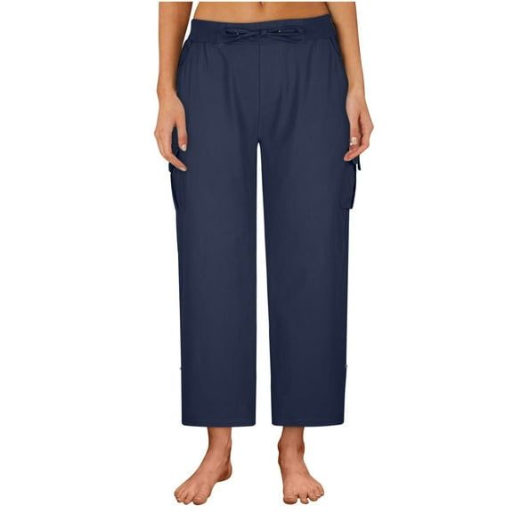 ShomPort Women's Cotton Cargo Pants Summer Drawstring Elastic Waist Wide Leg Casual Pants with Pockets