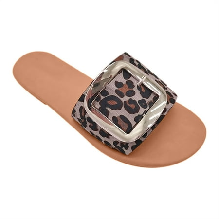 

Pfysire Women Slider Slippers Buckle Flat Sandals Beach Mules Shoes Leopard US 10
