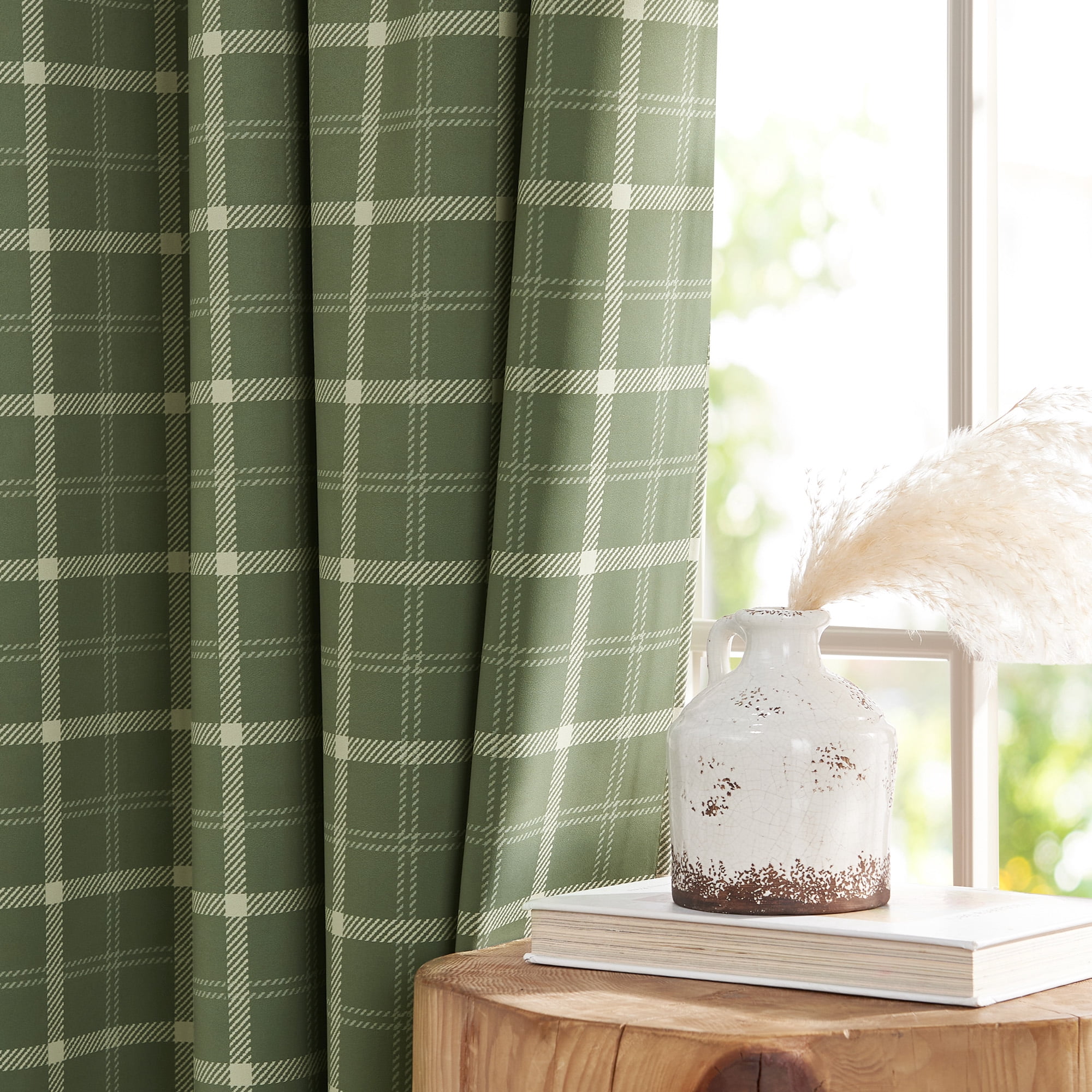NICETOWN 100% Blackout Green Plaid Curtains for Bedroom Privacy Protect Grommet Thermal Insulated Window Treatment for Living Room, 2 Panels, Moss Green, W52 x L84