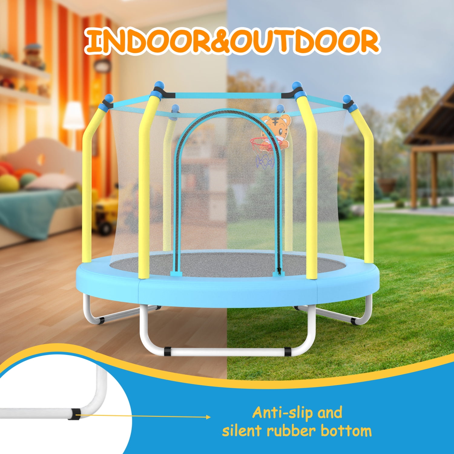 Ambifirner 55" Bounce Palace with Detachable Basketball Set, Double-Zipper Safety Enclosure Trampoline (Blue/Yellow Combo)