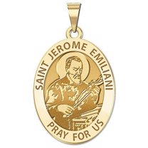 Saint Jerome Emiliani Oval Religious Medal - 2/3 X 3/4 Inch Size of Nickel, Solid 14K Yellow Gold