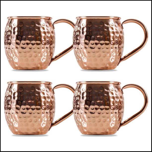 Juego de cuatro elegantes tazas Moscow Mule, baño de cobre puro, hechas a mano, retención de frío, construcción duradera, textura martillada, materiales aptos para alimentos, se recomienda lavar a