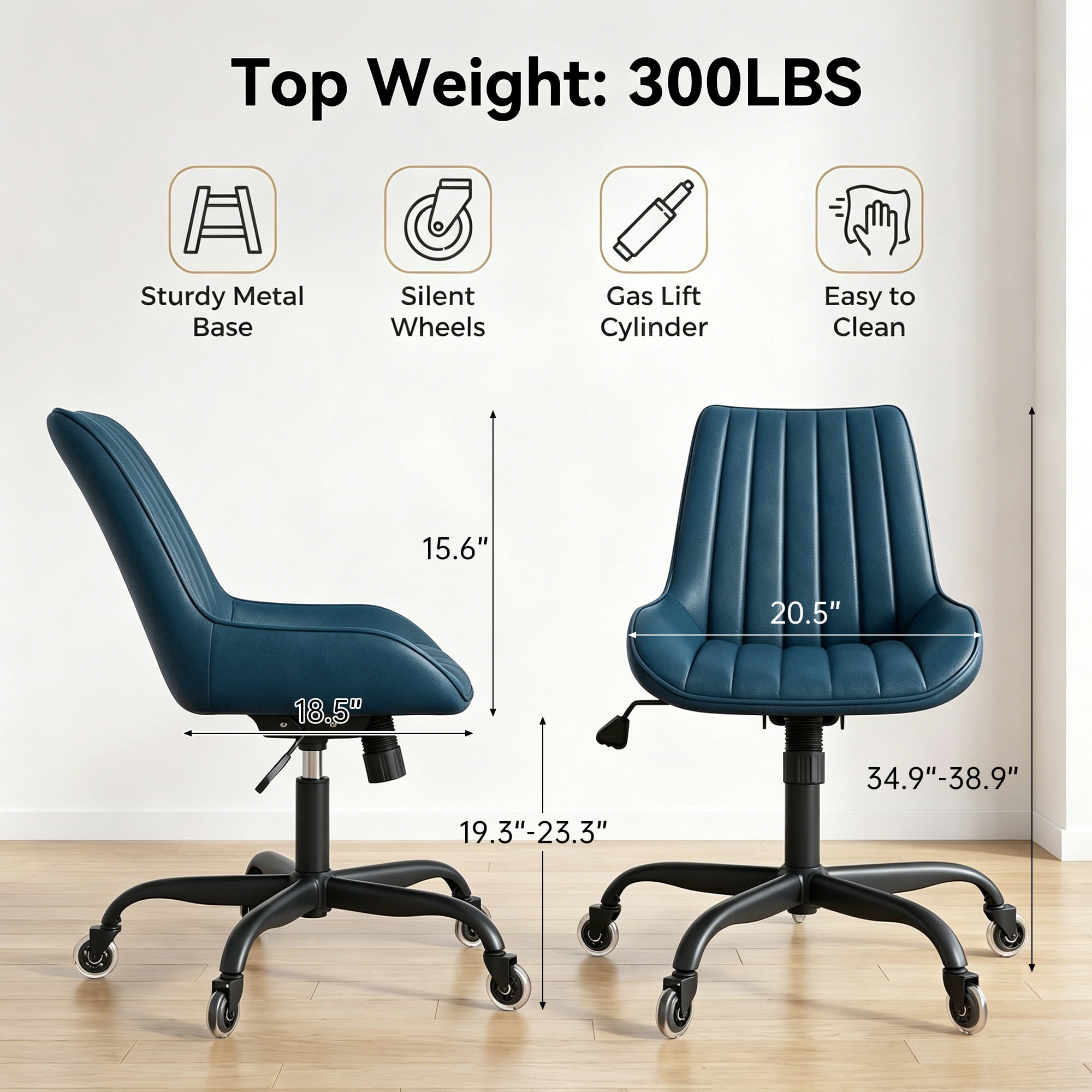 MOONMISS Armless Office Desk Chair Modern Upholstered Faux Leather Swivel Task Chair,Blue