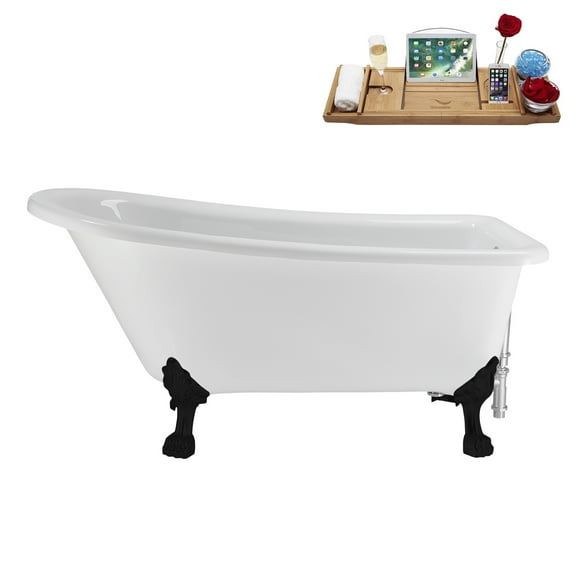 58" Streamline N4860BL-CH Soaking Clawfoot Tub and Tray With External Drain in Polished Chrome and Matte Black Clawfeet