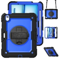 3 Layer Multi-Functional Case for iPad Air 13 2024, for Kids Heavy Duty Protective Case with Screen Protector & Stylus Holder & 360 Rotating Stand and Hand/Shoulder Strap Cover - Blue Black