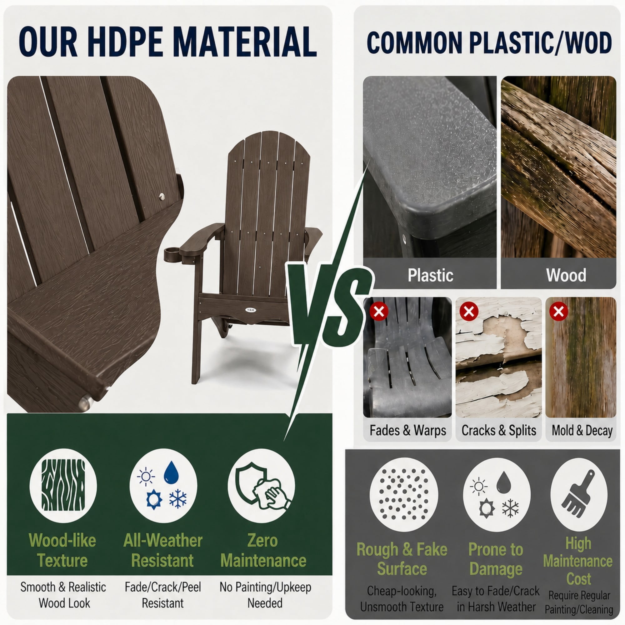 Y&M Adirondack Chair, HDPE Weather Resistant Outdoor Chair with Cup Holder, Dark Brown