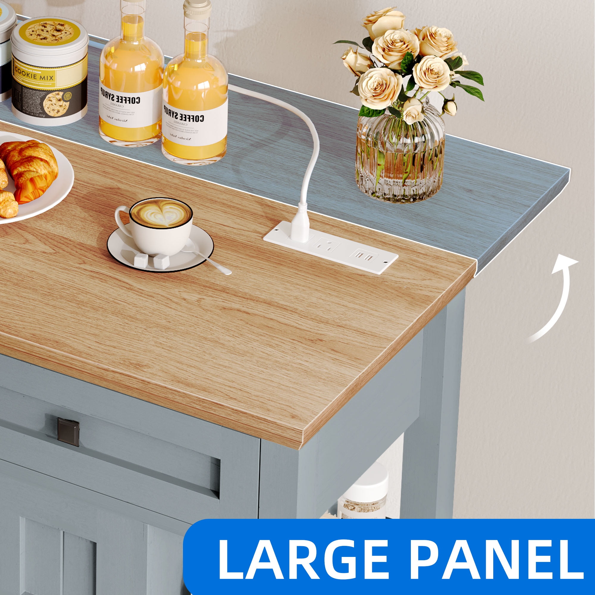 Uforic Kitchen Island Cart with Power Outlets, Kitchen Storage Trolley Cart with Storage Shelves & Drawers, Blue Gray